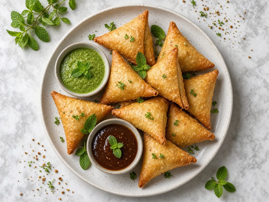 Golden samosas with fresh green chutney and tamarind.